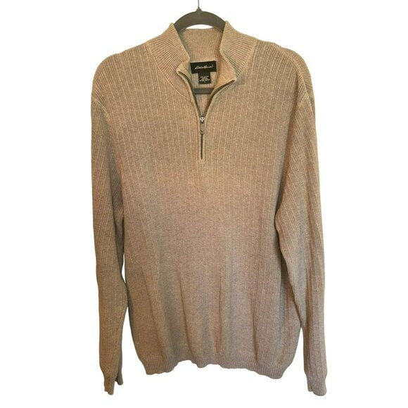 Eddie Bauer Mens Beige Ribbed Heavy Knit Cotton Half-Zip Sweater Cardigan Size L - Picture 1 of 7